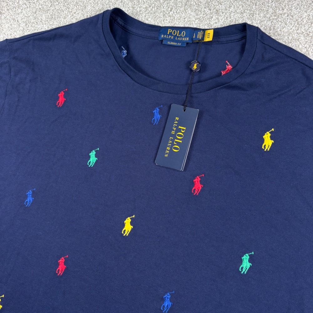 NEW Polo Ralph Lauren T-Shirt Men L Navy Multi Color Pony All Over